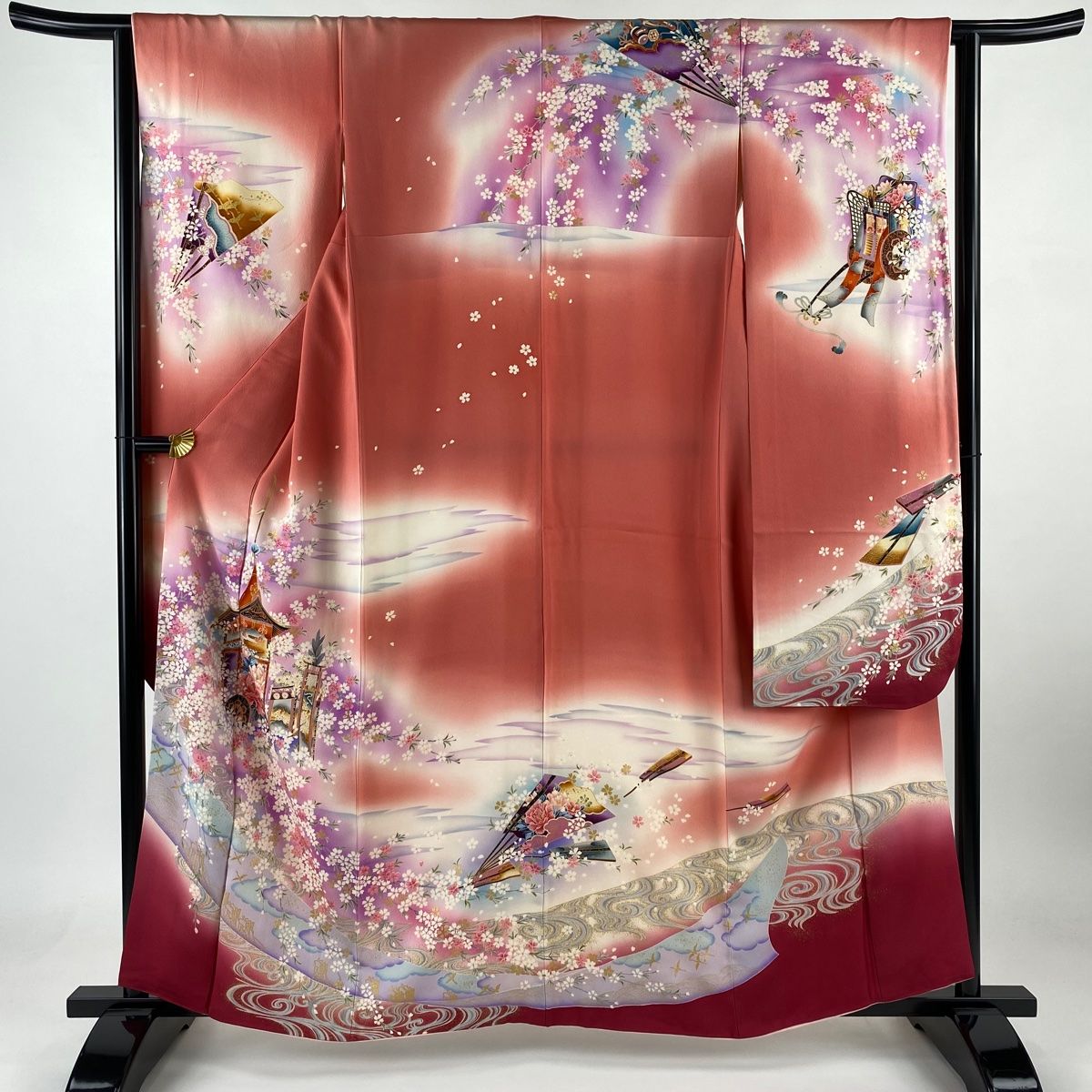 振袖 身丈160.5cm 裄丈64cm M 袷 山鉾 桜 ラメ 金彩 ピンク 正絹