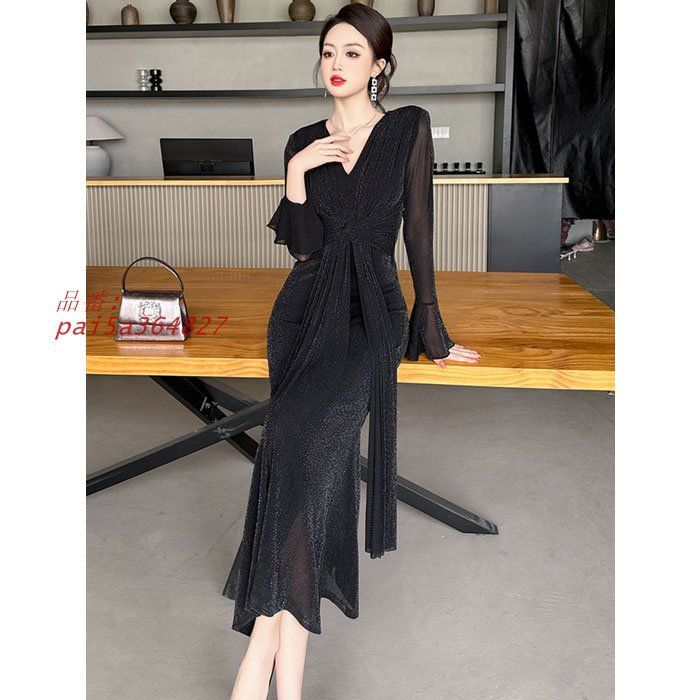 シースルーフリル裾長袖 Vネック胸元 タイトロングワンピース 黒 キャバ スナック パーティー ラウンジ 韓国 ドレス pai5a364827