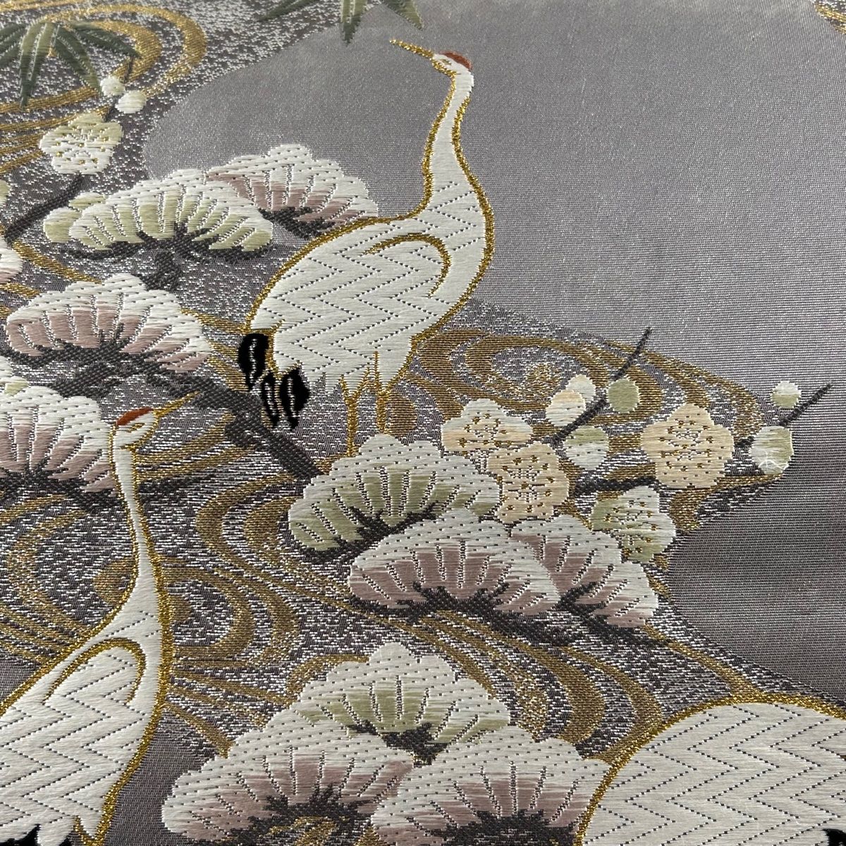 袋帯 美品 秀品 松竹梅 鶴 金糸 黒灰 六通 正絹 【中古】