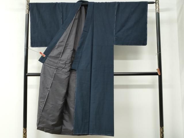 平和屋着物□極上 男性 紬 アンサンブル キングサイズ 長羽織 濃青碧色  