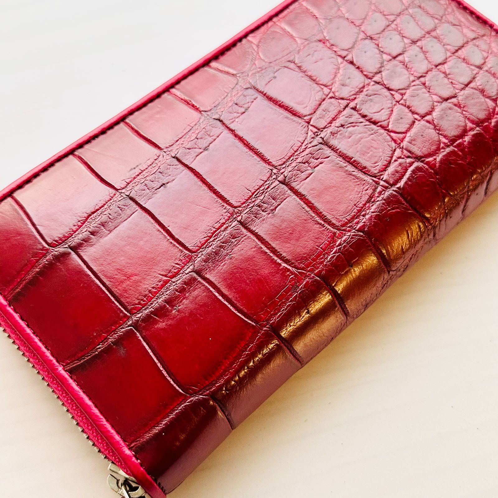 新品】クロコダイルレザーの長財布 レッドピンク#1ワニ革本革