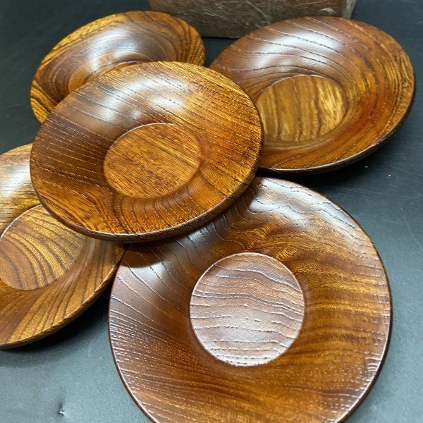 U114 未使用 保管品 茶托 5枚セット 煎茶道具 茶器 天然木 木製 食器