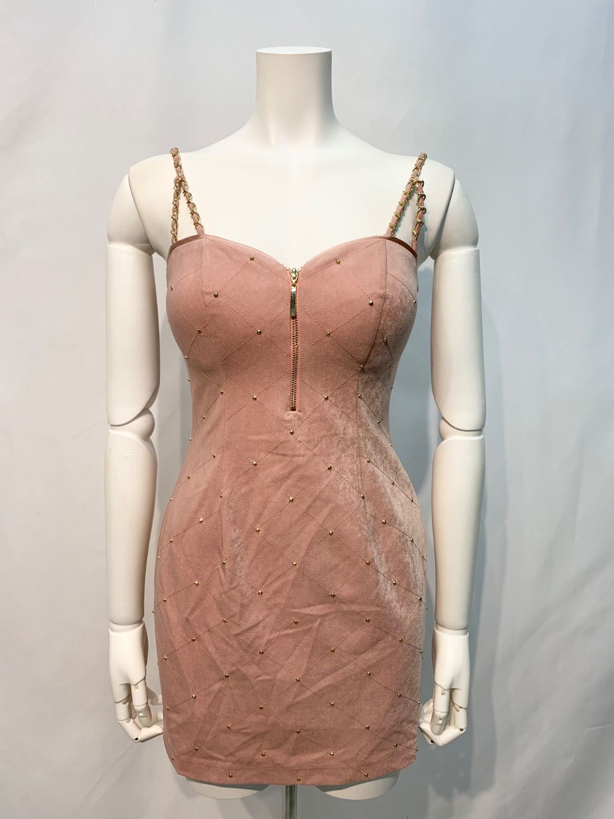 1527 ROBE de FLEURS Glossy ローブドフルール グロッシー キャバクラ ドレス スエード調 スタッズ タイト ミニ ゴールドチェーン キャミ キャバドレス S