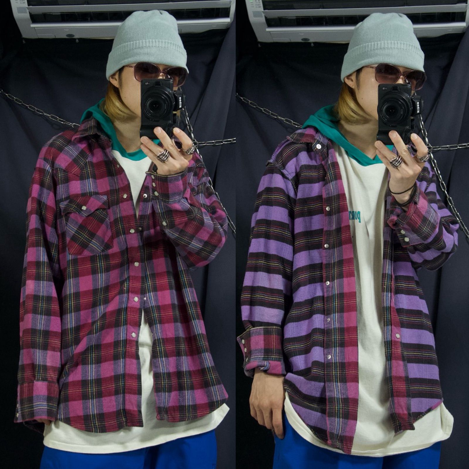 80s USA made SADDLE KING Western BY KEY HeavyWeight Cotton Flannel Fake Reversible MexicanBorder TartanCheck L|S Weatern Shirts