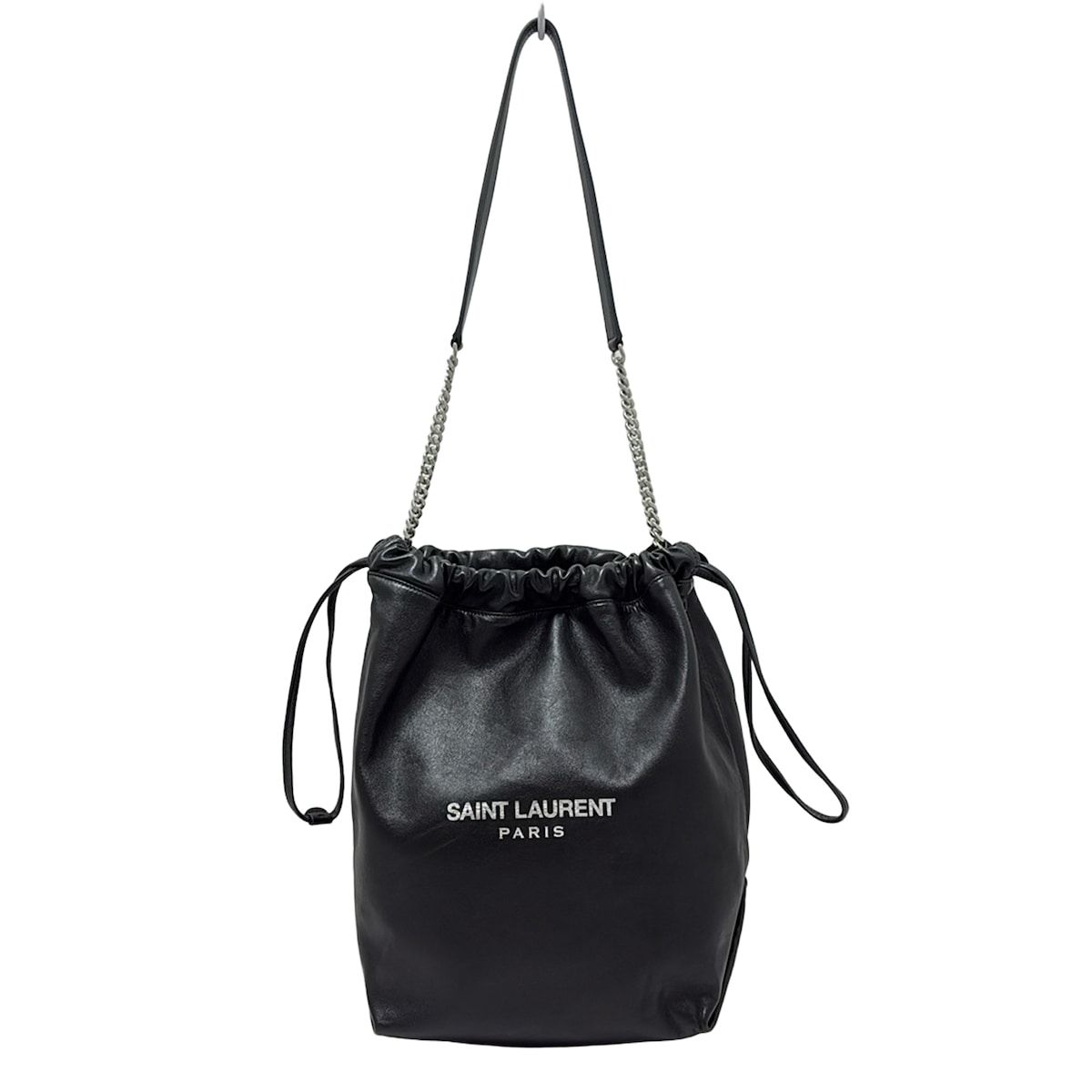 【極美品】サンローラン テディ ショルダーバッグ チェーン 巾着 レザー 黒 SAINT LAURENT PARIS(サンローランパリ) ショルダーバッグ
