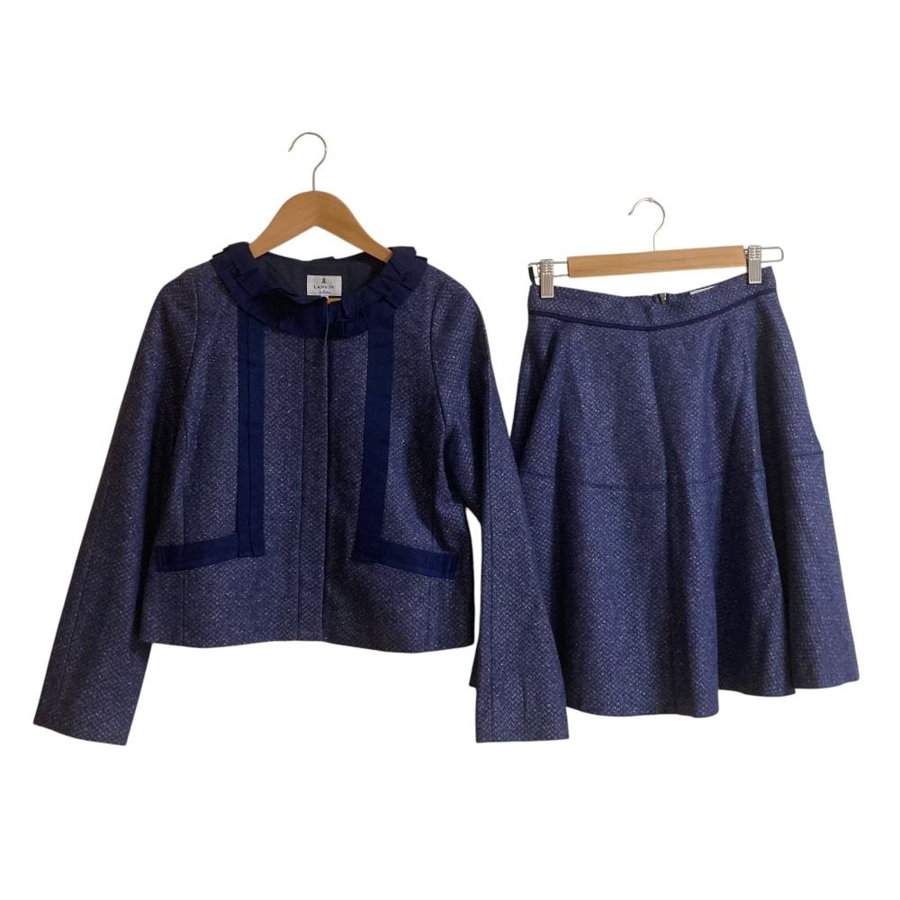 ♥ LANVIN en Bleu ランバンオンブルー ノーカラージャケット ひざ丈 スカート スーツ セットアップ サイズ36 ブルー ネイビー レディース 古着
