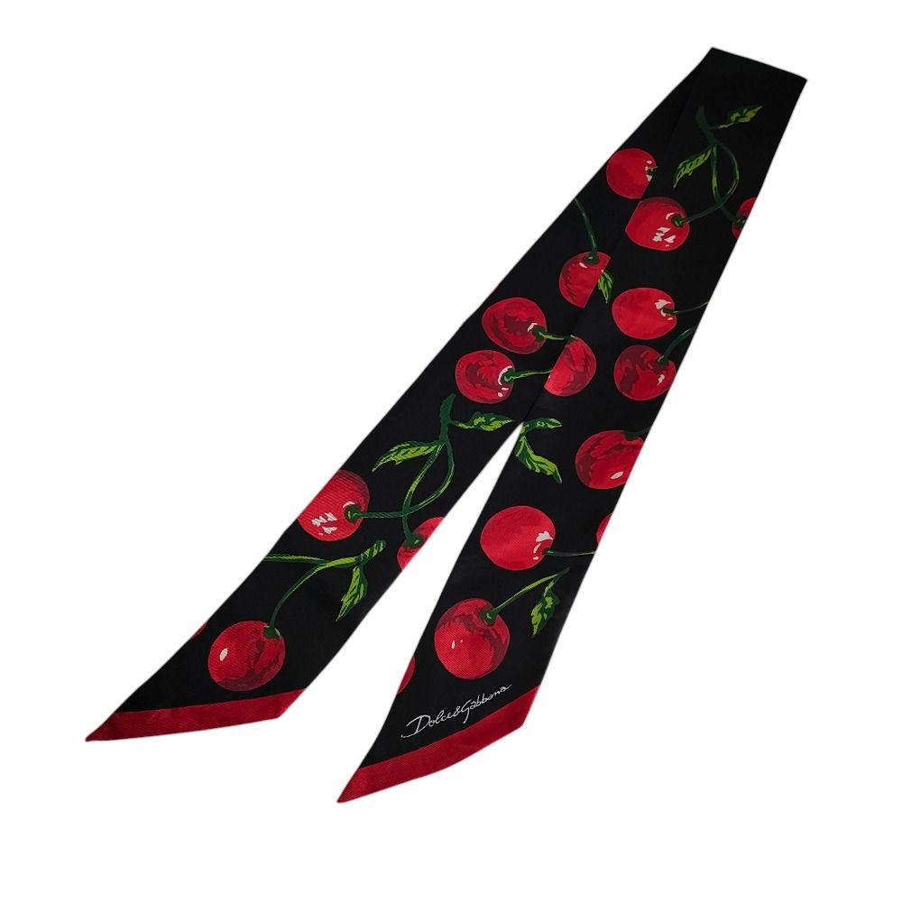 DOLCE-GABBANA ドルチェアンドガッバーナ ドルガバ シルク100％ チェリープリント ツイル スカーフ ブラック×レッド レディース 古着