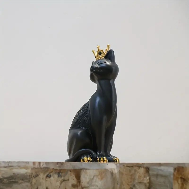 王冠をかぶったエレガントな黒猫置物 - 高貴なデザインと魅力のある