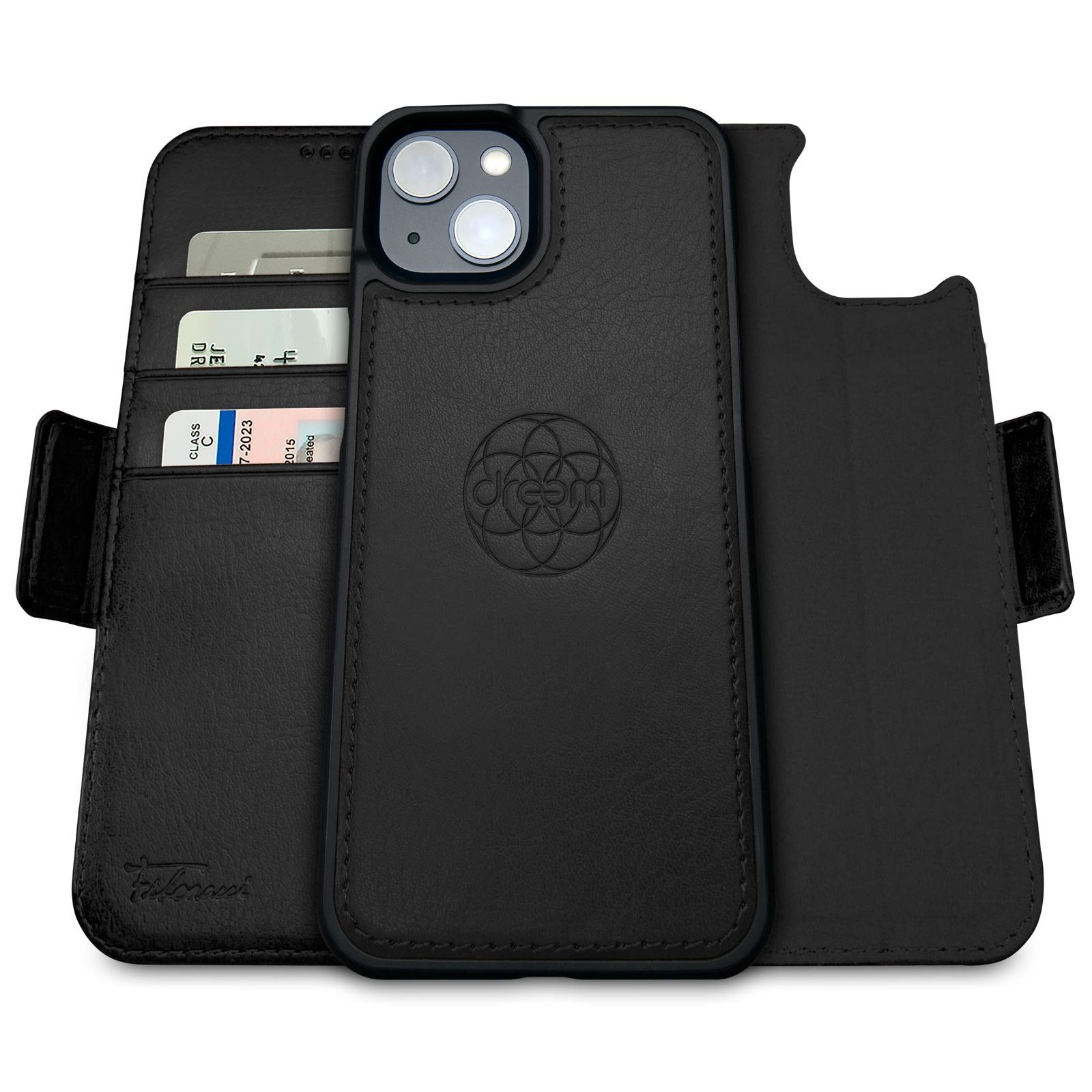人気商品 ブラック - - 2通りに使えるフリップスタンド付き RFIDカード保護機能 携帯電話ケース 耐衝撃 マグネット着脱式 ヴィーガンレザー製 Plus用 14 iPhone Apple 財布型ケース フィボナッチ Fibonacci 2イン1 D