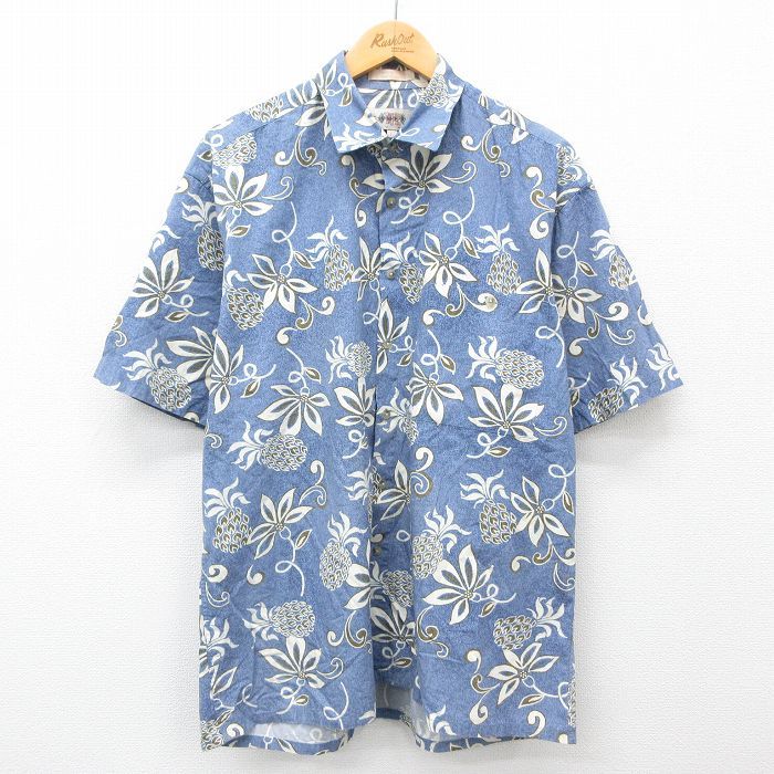 XL/古着 半袖 ハワイアン シャツ メンズ 00s パイナップル 花 総柄 コットン 薄紺他 ネイビー 24jul01 中古 アロハ トップス