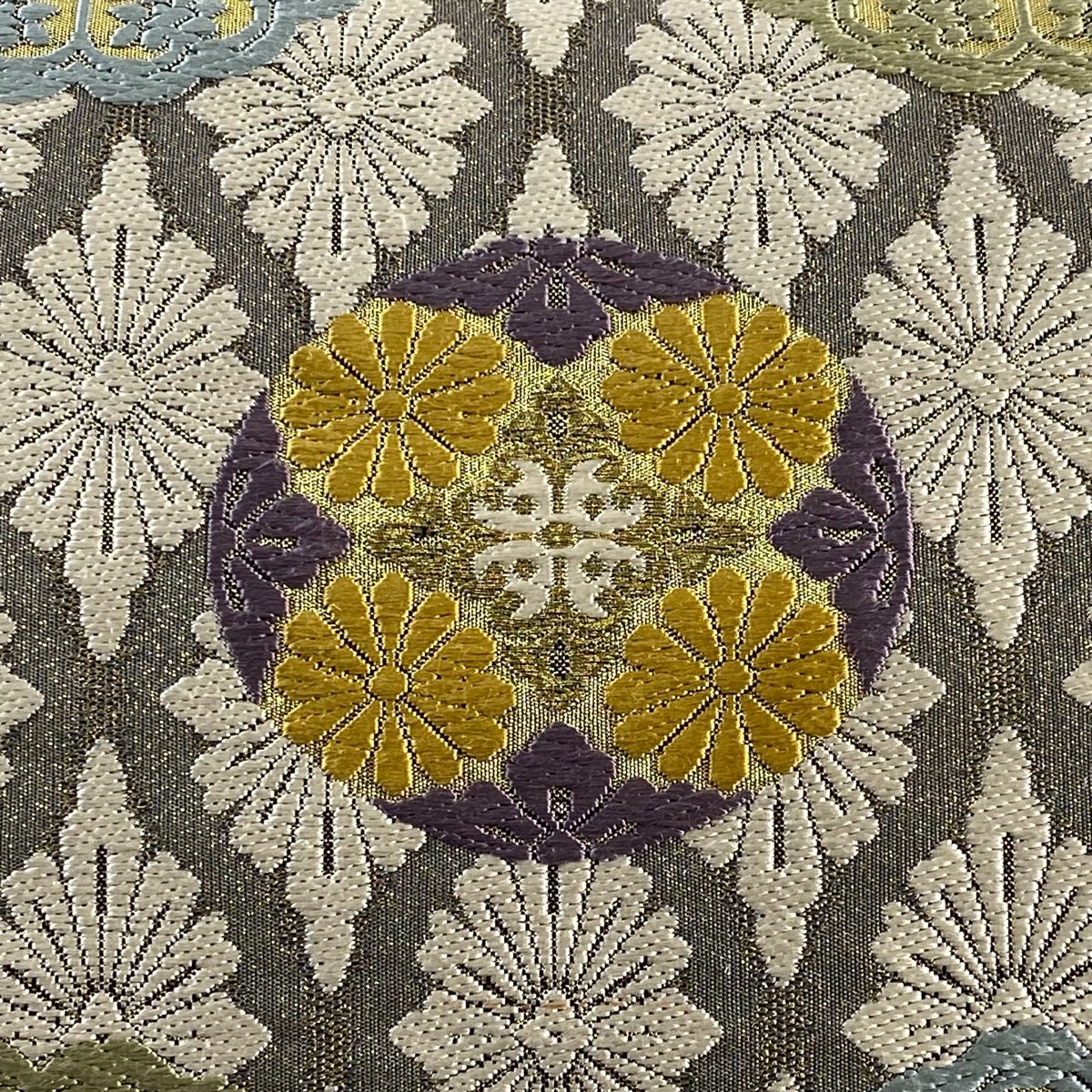 袋帯 華文 金糸 唐織 灰色 六通 正絹