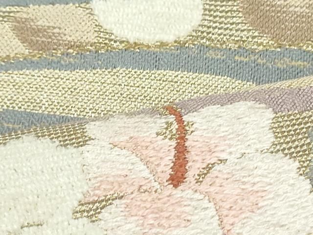 平和屋着物○両面 六通柄袋帯 モール織 よろけ縞花文 金糸 やまと誂製  