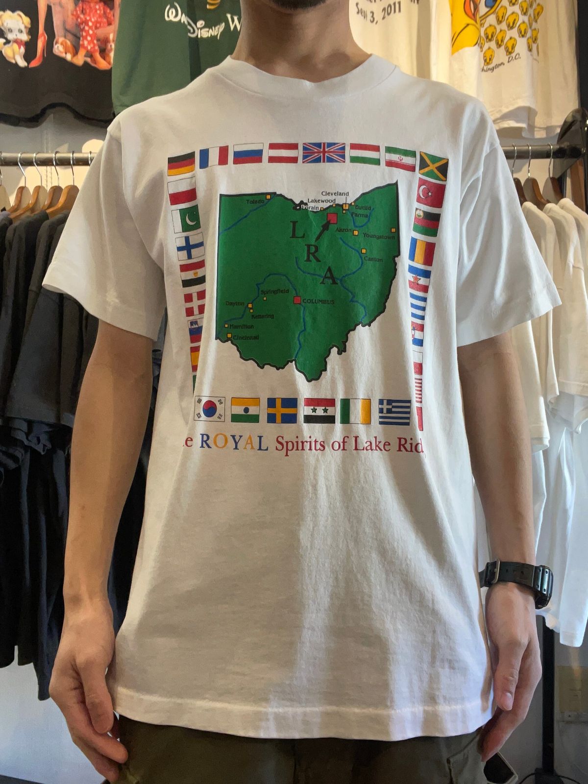 90s print tee【ST865】アメリカ古着　半袖Tシャツ　ホワイト　MｰL相当