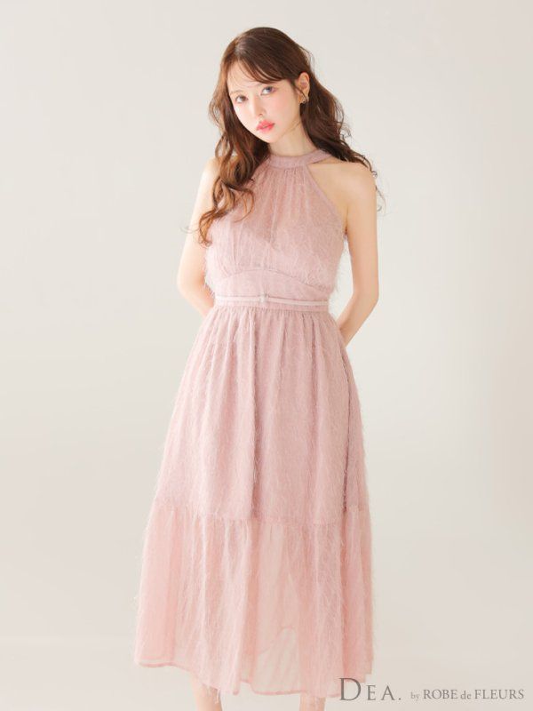 ピンク DE4318-P-2509 Lサイズあり DEA. ディア フリンジジャガード サテン ロング ワンピース ミモレ丈 マキシ丈 ミディアムドレス キャバドレス long