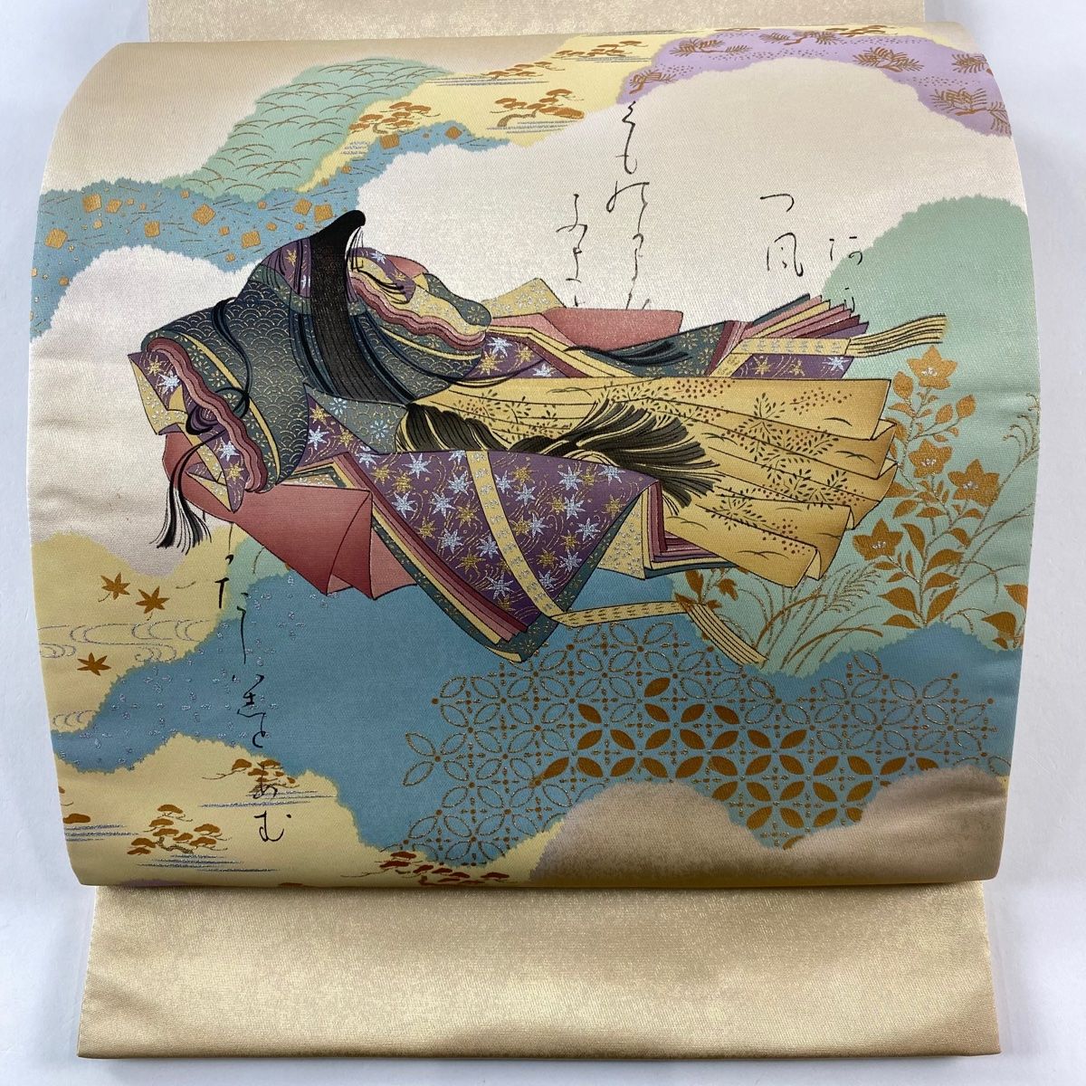 袋帯 名品 樽本伊勢蔵 落款 姫 和歌 箔 金銀彩 薄茶色 お太鼓柄 正絹