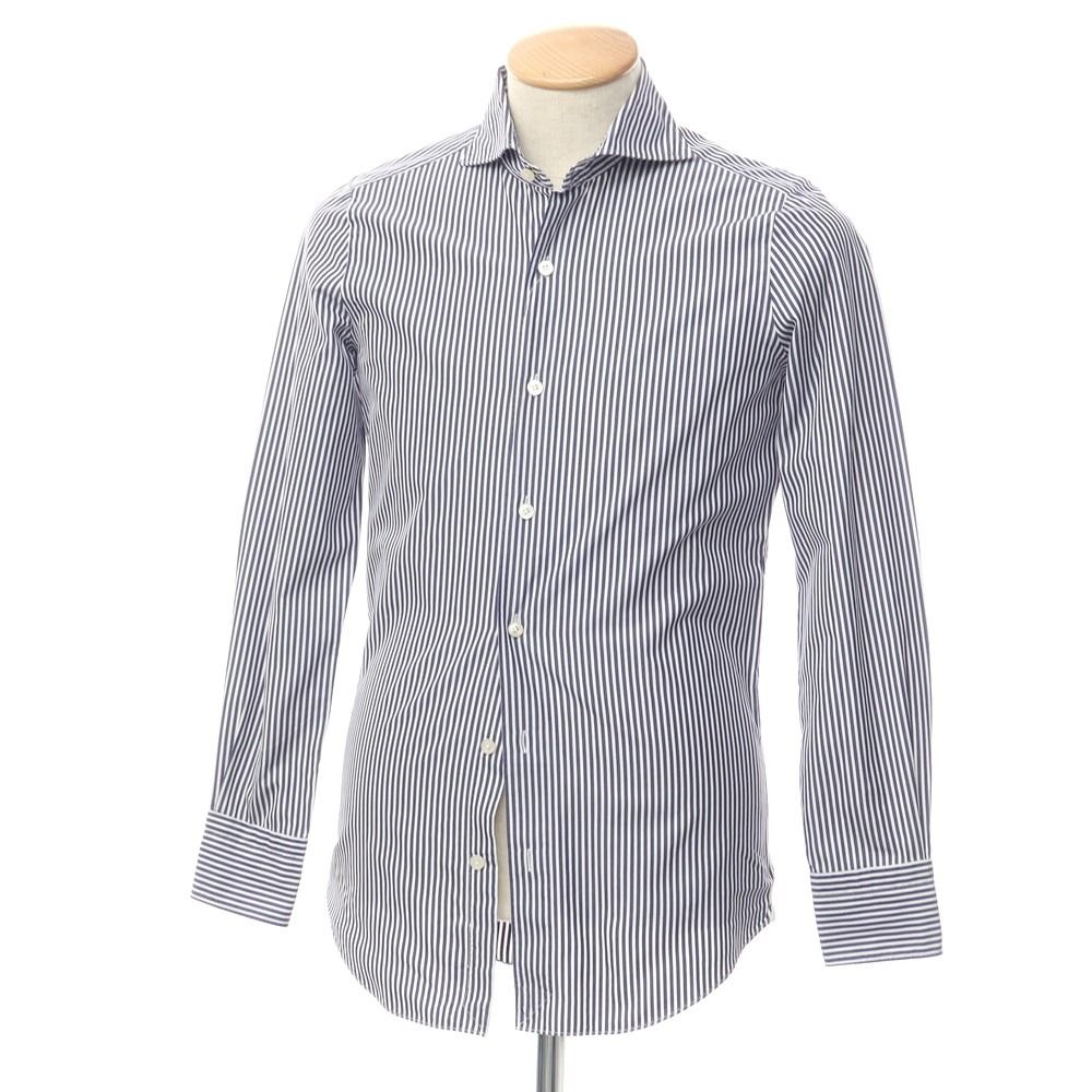 【中古】フィナモレ Finamore コットン ストライプ ホリゾンタルカラー ドレスシャツ ホワイトxネイビー【サイズ36】【メンズ】