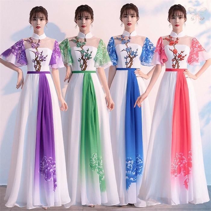 古典舞踊 ダンス衣装 レディース ロング丈ワンピース 中華風ワンピース 古典ダンス 舞台衣装 ダンスウェア 民族風 チャイナダンス 表演服