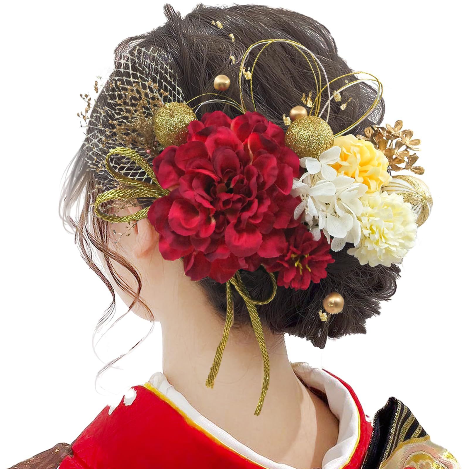 新着商品 ヘアアクセサリー 成人式 ゴールド 赤 水引 ヘッドパーツ 和玉 あじさい 造花飾り 振袖 着物 ダリア 卒業式 七五三 髪飾り 浴衣 袴 ドライフラワー 結婚式 23点セット かすみ草 和装 10色展開 手作り ケース付き JZOON A