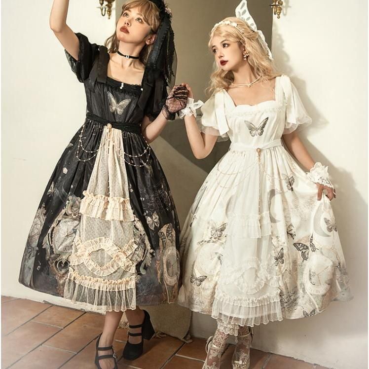 ロリータドレス 蝶 チョウ 可愛い ロリータ ワンピース 半袖 ミモレ丈 ロング丈 お姫様 ゴシック ロリータ服 レース フリル リボン チェーン付き レディース 大