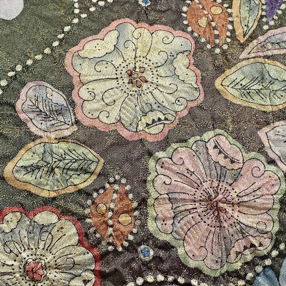 袋帯 太鼓柄 作家物 辻ヶ花 25M103f 袋帯 美品 名品 落款 辻が花 箔 銀糸 緑 お太鼓柄 正絹 【中古