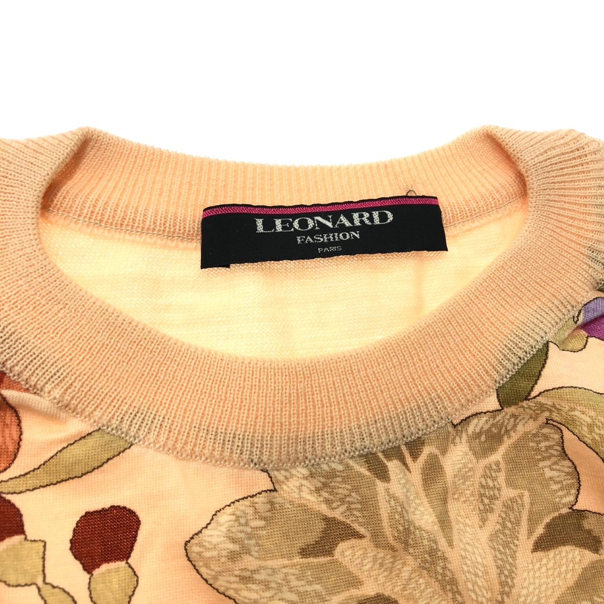 良好 LEONARD レオナール 花柄 長袖ニット サイズ:L ベージュ ウール
