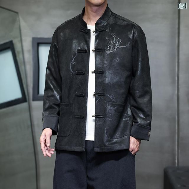 XL アジアンテイスト 衣装 メンズ ファッション 服 用 オシャレ シンプル 大人 かっこいい 大きいサイズ ストリート 紳士服 スエード ジャケット トップ プリント レトロ ボタン 唐装 韓服 KANDAIZUMI_COM