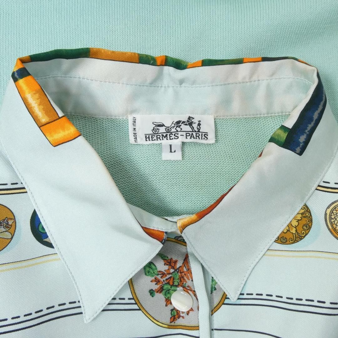 美品 HERMES エルメス サイズL シルク切り替え カシミヤ混 総柄 ハーフ