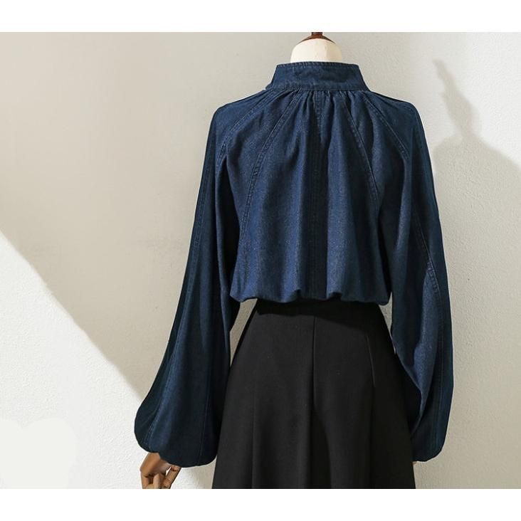 ブラウス レディース ス シャツ デニム 立ち襟 フリル リボン ボウタイ 長袖 2022 春 春服 ブラウス レディース トップス シャツ デニム 立ち襟 フリル