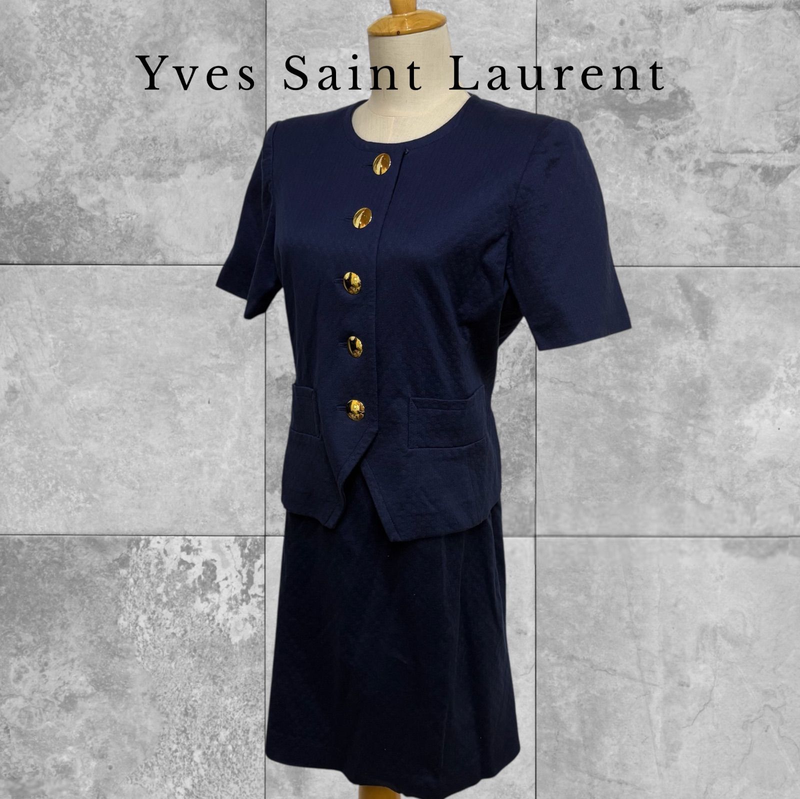 Yves Saint Laurent イヴサンローラン 半袖ジャケット ノーカラー 金ボタン ネイビー ブラウス 無地 スカート セットアップ ヴィンテージ スーツ