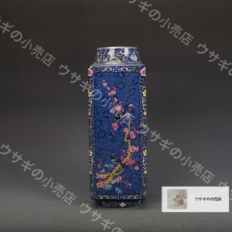 新品・未使用】磁器藍地琺瑯彩花鳥紋四方瓶 景徳鎮 陶磁器 装飾