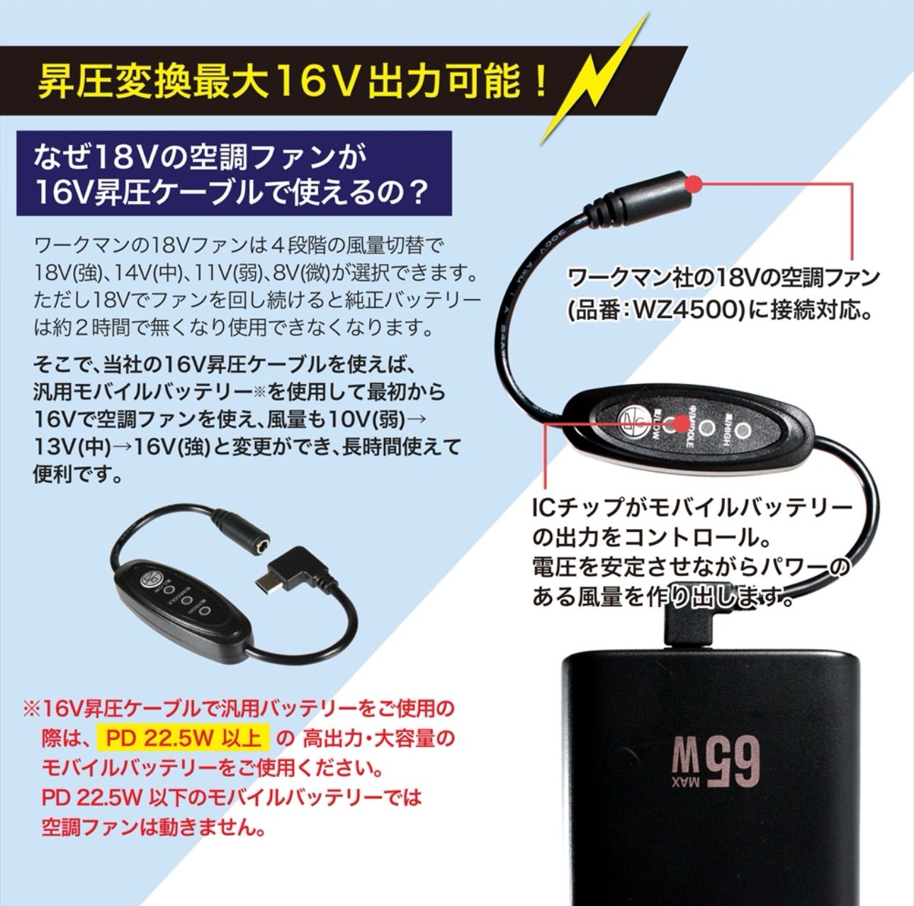 16V Type-C昇圧 変換ケーブル L型 18V ワークマン対応 WindCore