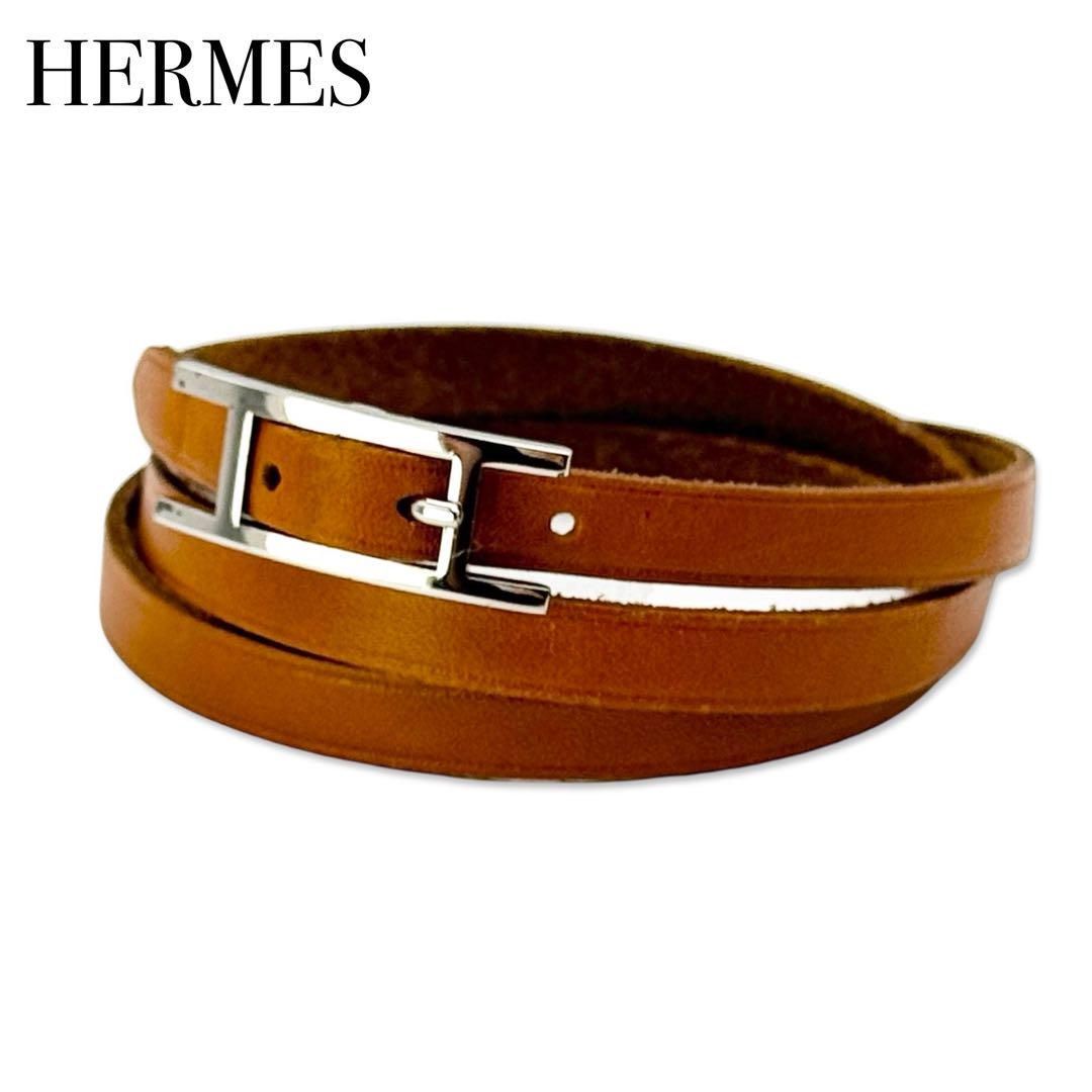 エルメス アピ3 ブレスレット チョーカー レザー メタル ブラウン シルバー HERMES - エルメス アピ3 ブレスレット チョーカー レザー