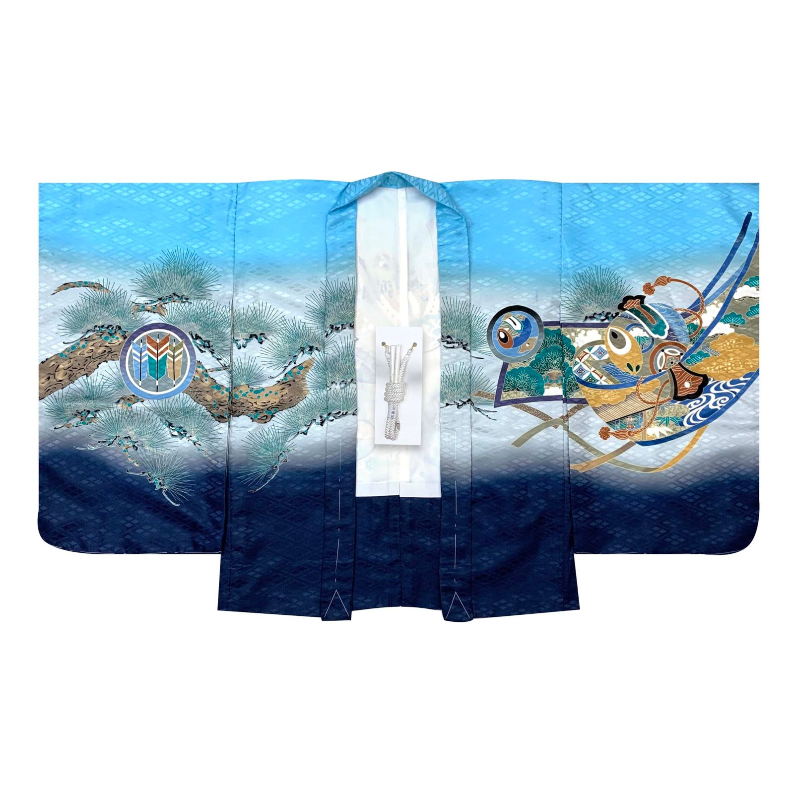 京都室町st 七五三 羽織 5歳 男の子 羽織紐付き 753 羽織り 着物用 お正月 節句などに 合繊 水色 兜に軍配 御所車 NGTho 03-Z