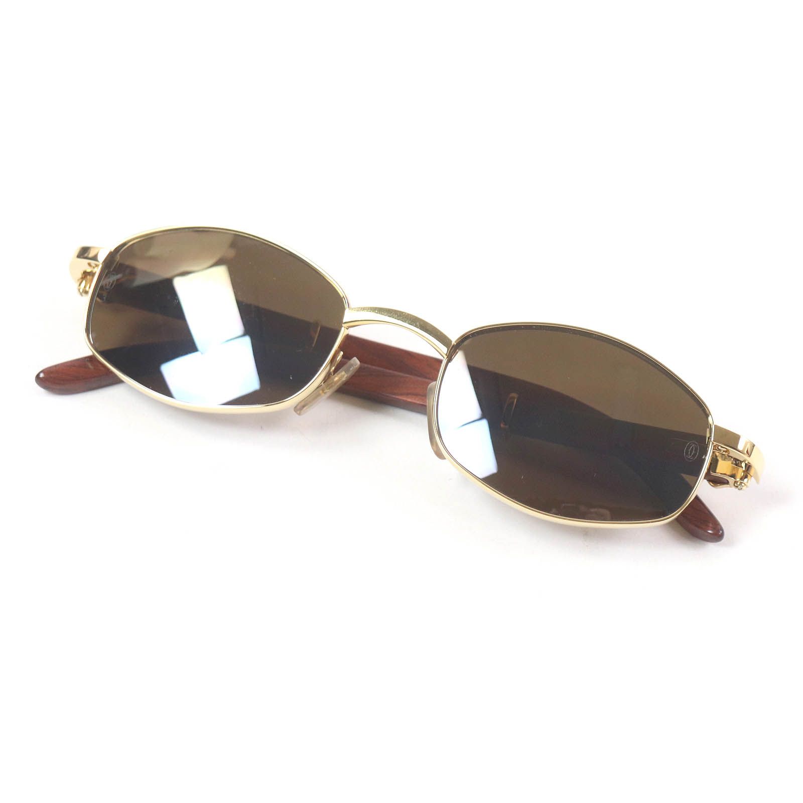 □Cartier カルティエ 145b Cロゴ金具 ウッドテンプル アイウェア サングラス ゴールド ブラウン 53□21 き メンズ