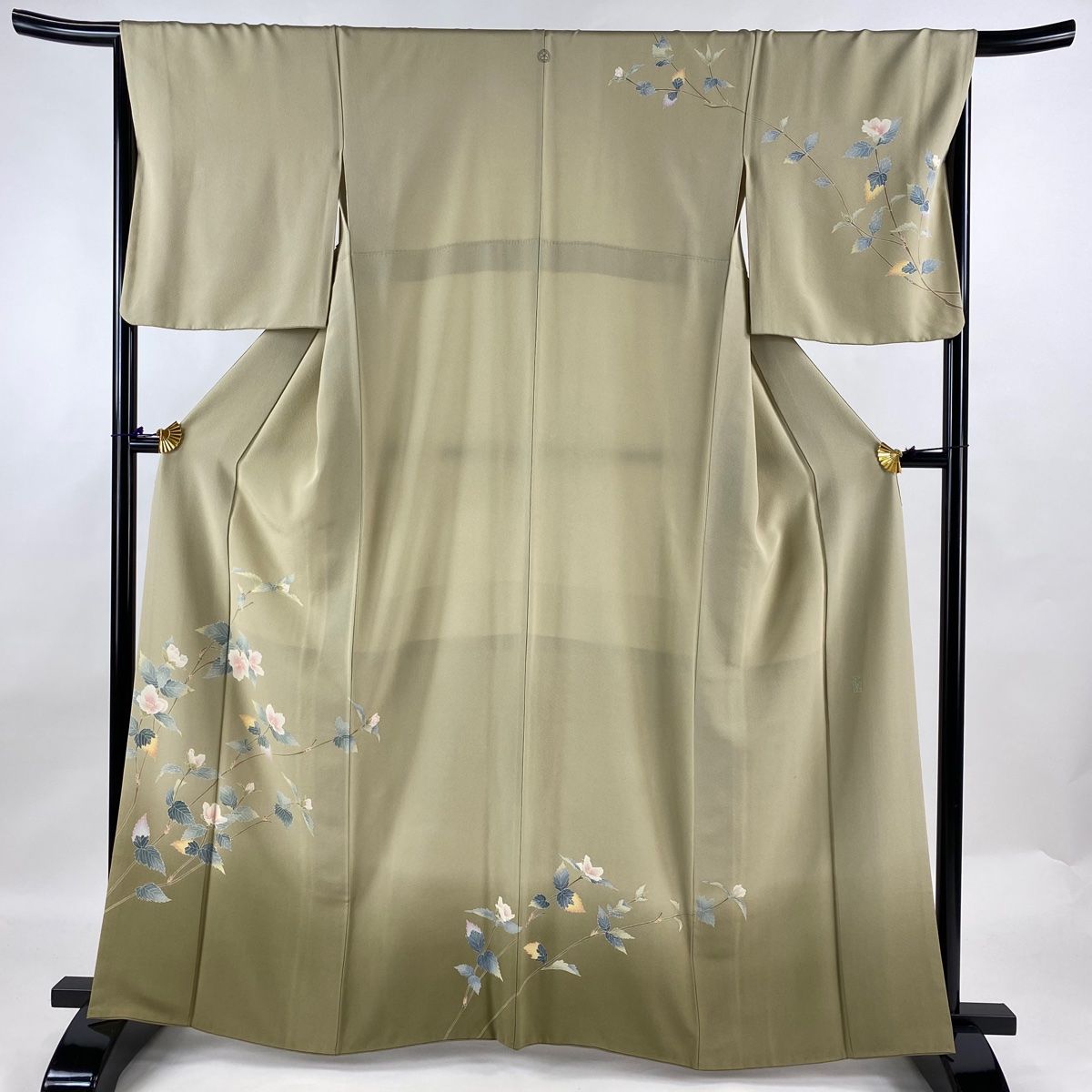 訪問着 身丈161.5cm 裄丈67cm M 袷 鈴乃屋 落款 枝花 ぼかし 灰緑 正絹 名品 一つ紋