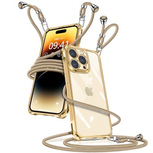 iPhone14 Pro_金 iPhone 14 Pro ケース クリア ショルダー iPhone14Pro スマホケース アイフォン14Pro カバー 肩掛け 斜めかけ 縄掛けケース 透明 薄型 軽量 TPU 携帯ケース 紐付き 斜めがけ 織りストラップ