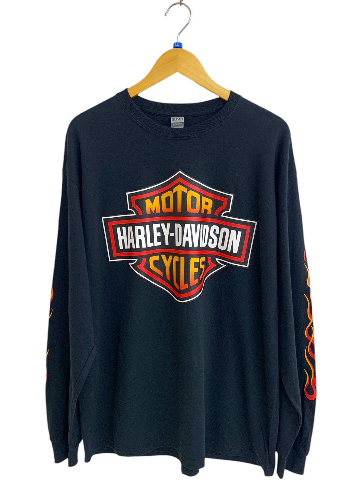 HARLEY DAVIDSON (ハーレーダヴィッドソン) 長袖Tシャツ ロンT 袖プリ ファイヤーパターン コットン100％ ニカラグア製 XL ブラック メンズ/004