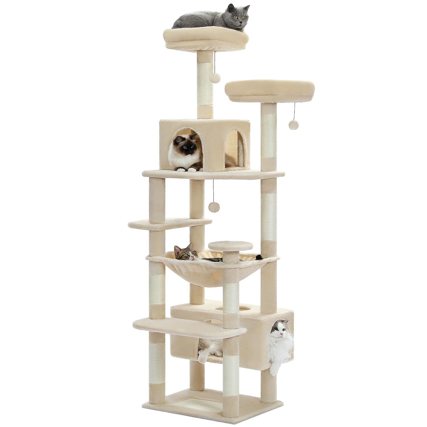 新着商品 PETEPELA ぺテぺラ キャットタワー 大型猫用 コンパクト 多頭飼い 据え置き型 スリム ハンモック 麻紐爪とぎポール 猫のおもちゃ 転倒防止ベルト付き 展望台 猫ベッドカバー取り外し 運動不足解消 - 高さ180cm ベージュ