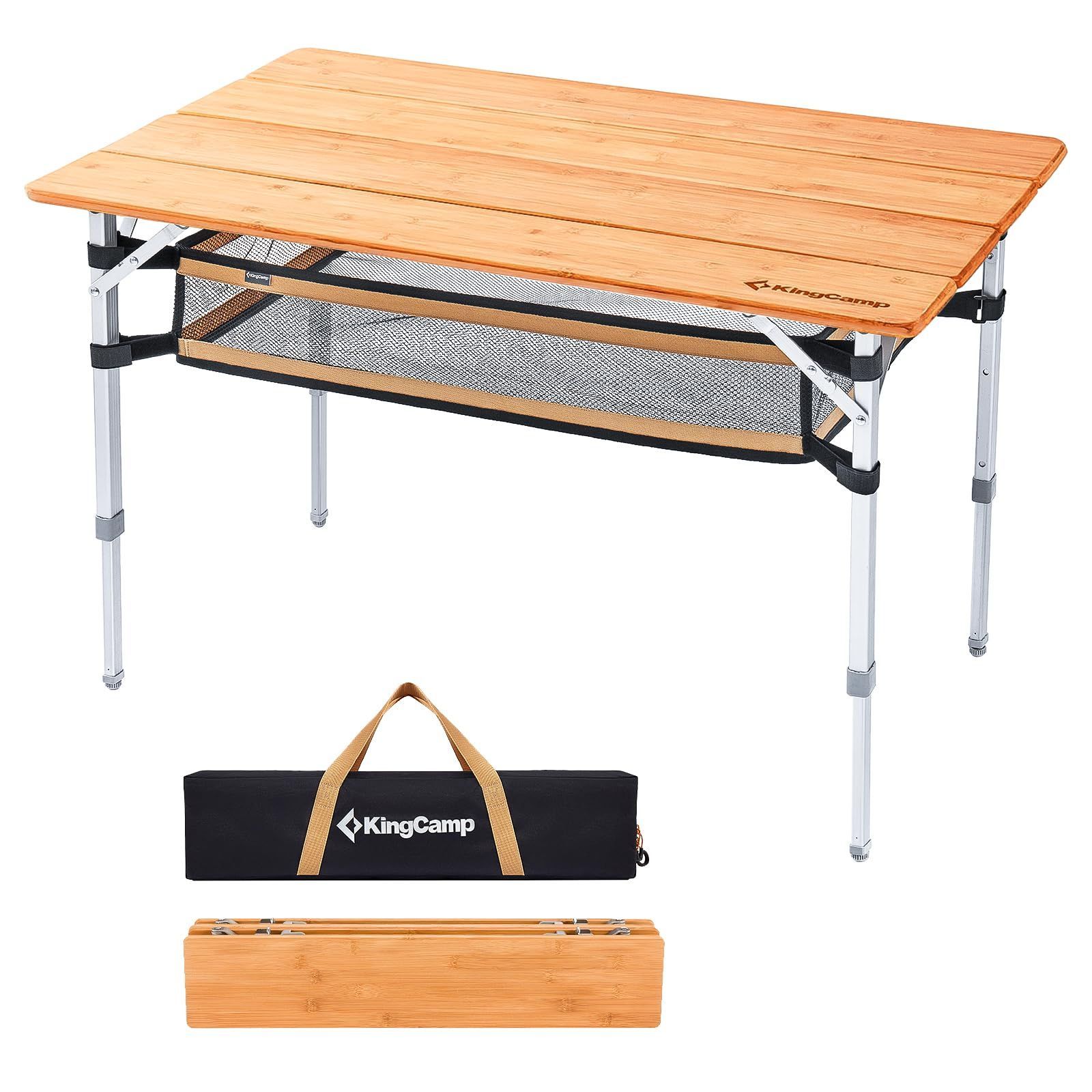 人気商品 4折 組立不要 コンパクト 耐荷重80kg ローテーブル 収納付き 天然孟宗竹 ピクニック 高さ調整 レジャー バンブー 100 アウトドアテーブル x メッシュ 65 折り畳み x キャンプテーブル 45|52|65 KingCamp cm