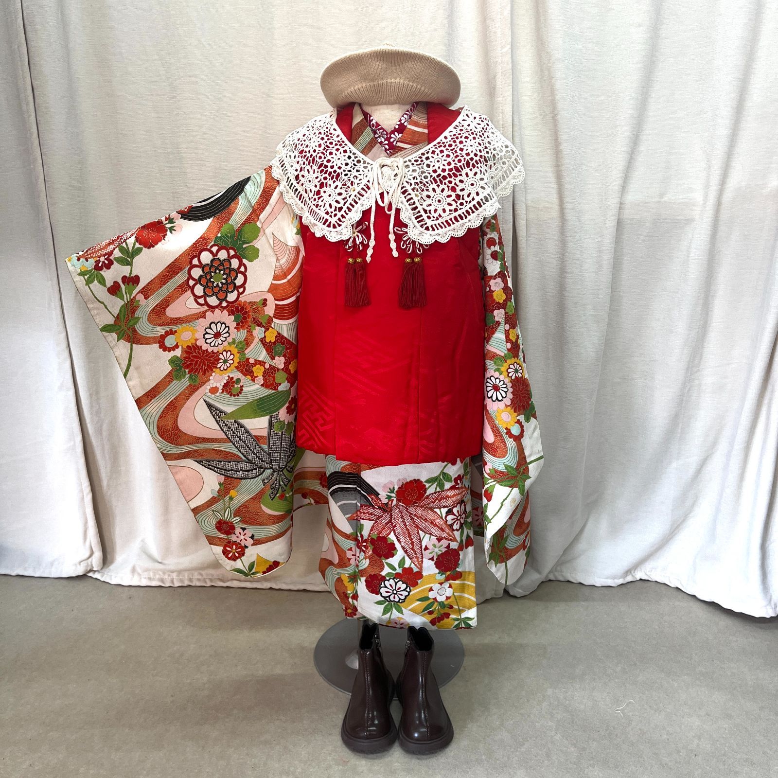 509ag8◎七五三 三歳 女の子 アンティーク着物&被布 レトロ 総柄白