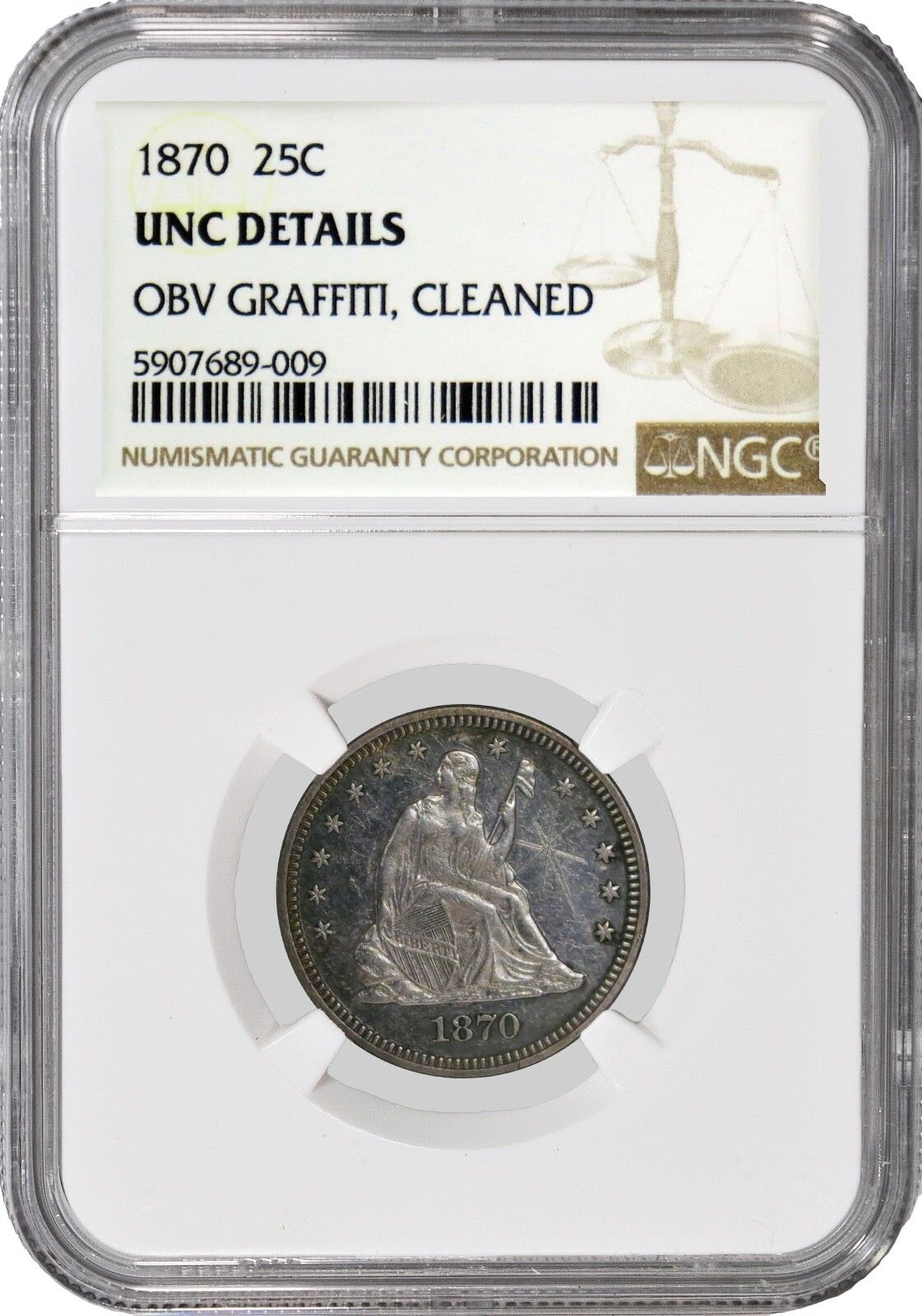 1870 25C Seated Liberty Quarter Silver NGC UNC Details OBV Graffiti Cleaned