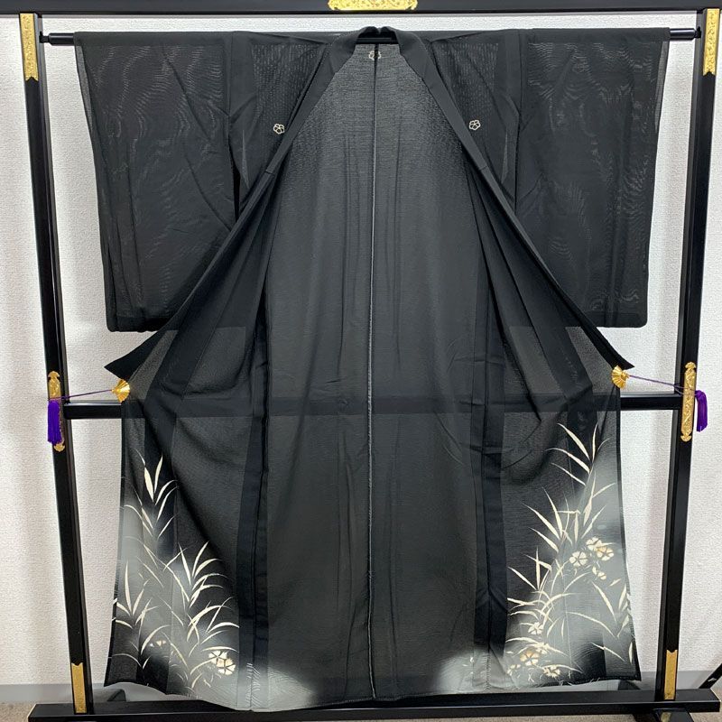 507aa12◇夏着物 アンティーク着物 絽 黒留袖 撫子 流水に魚 大正