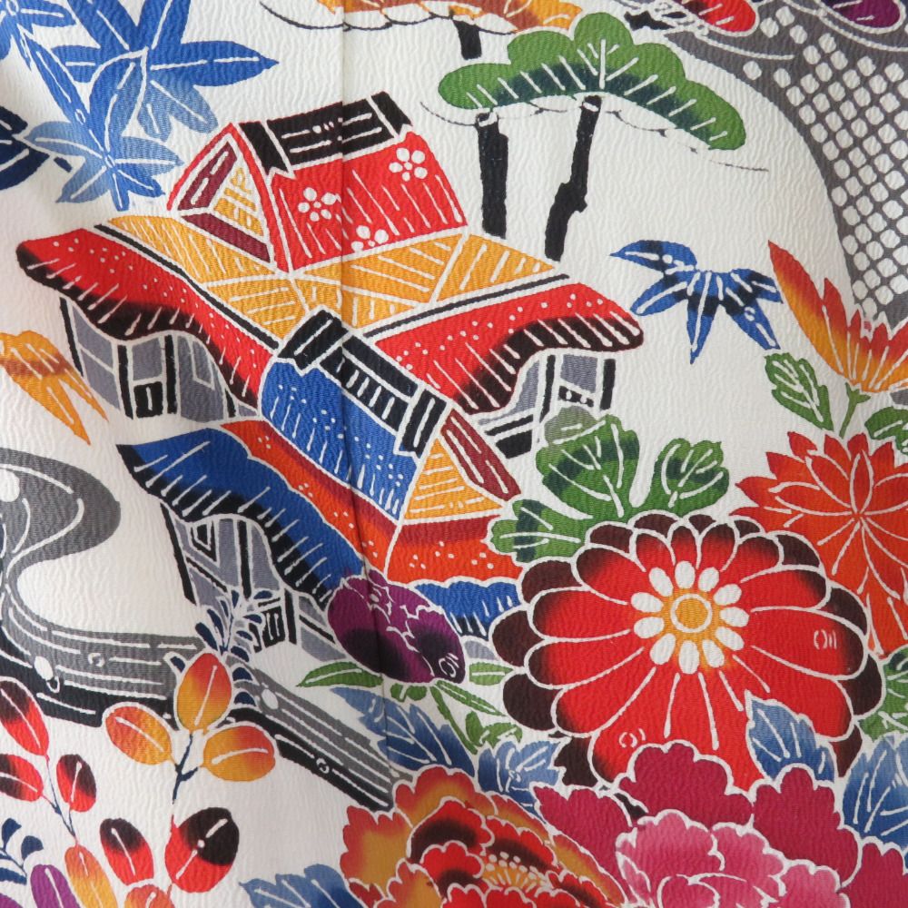 振袖 正絹 薄茶色x多色 型染め 風景に花鳥紋様 袷 広衿 成人式 卒業式