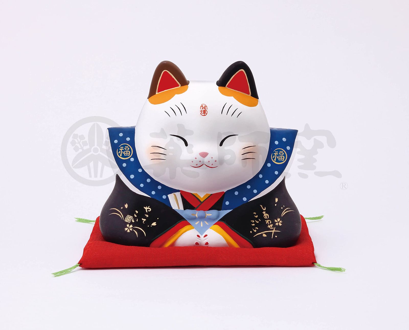 薬師窯 錦彩 福助 招き猫(4号) [来福 招き猫(鈴付・小)] [招き猫