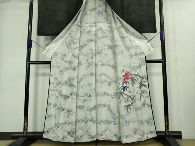 平和屋着物□極上 訪問着 無双 紗袷 紗×絽 手描き ハイビスカス 黒地