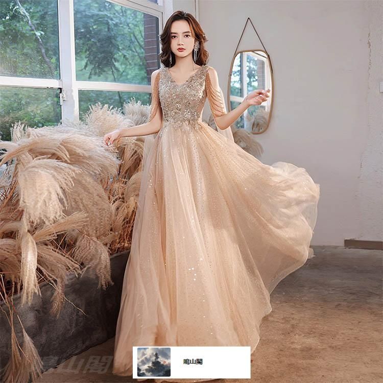 イブニングドレス キラキラドレス ノースリーブ フリンジ ビーズ キレイめ ロングドレス 発表会ドレス 演奏会ドレス パーティードレス ロンWP数量 価格926