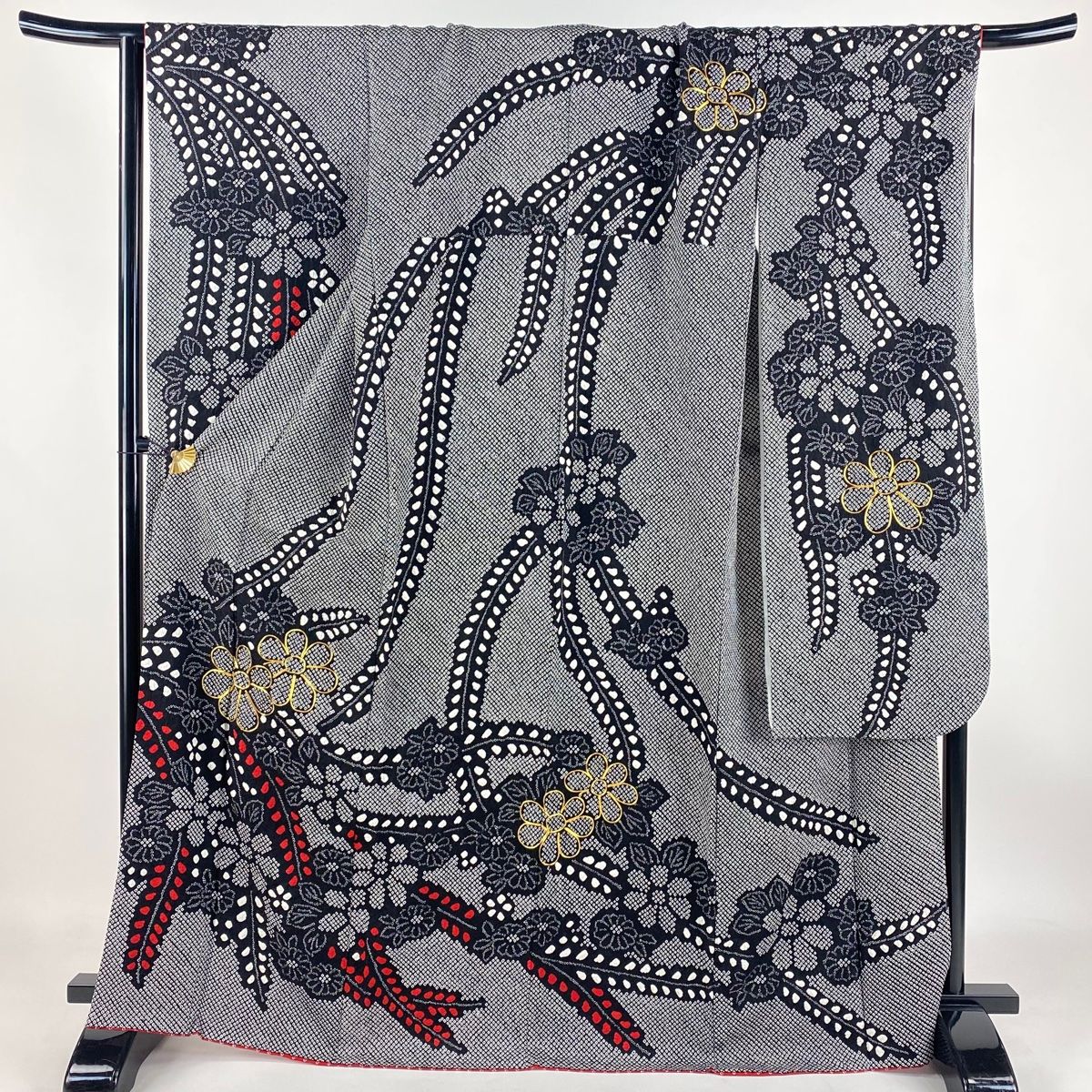 振袖 身丈168cm 裄丈70.5cm L 袷 菊 藤 総絞り 金糸 黒 正絹 名品