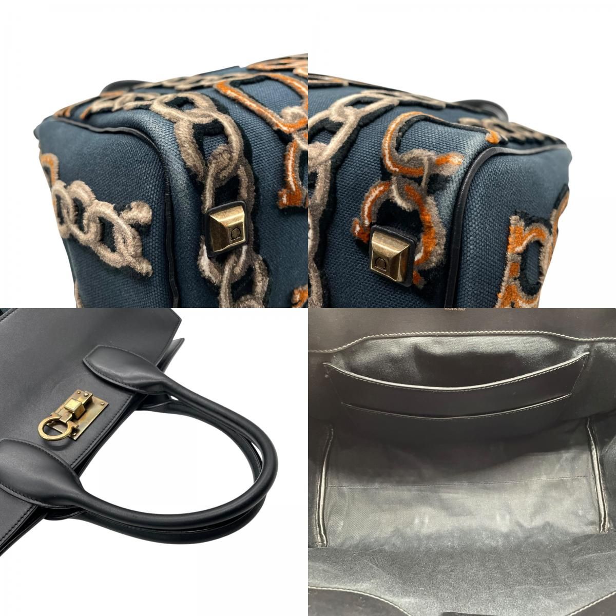 現状渡し Salvatore Ferragamo サルヴァトーレ フェラガモ ガンチーニ チェーン柄 ハンドバッグ 紺 ネイビー 黒 ブラック キャンバス レザー ゴールド金具 レディース B