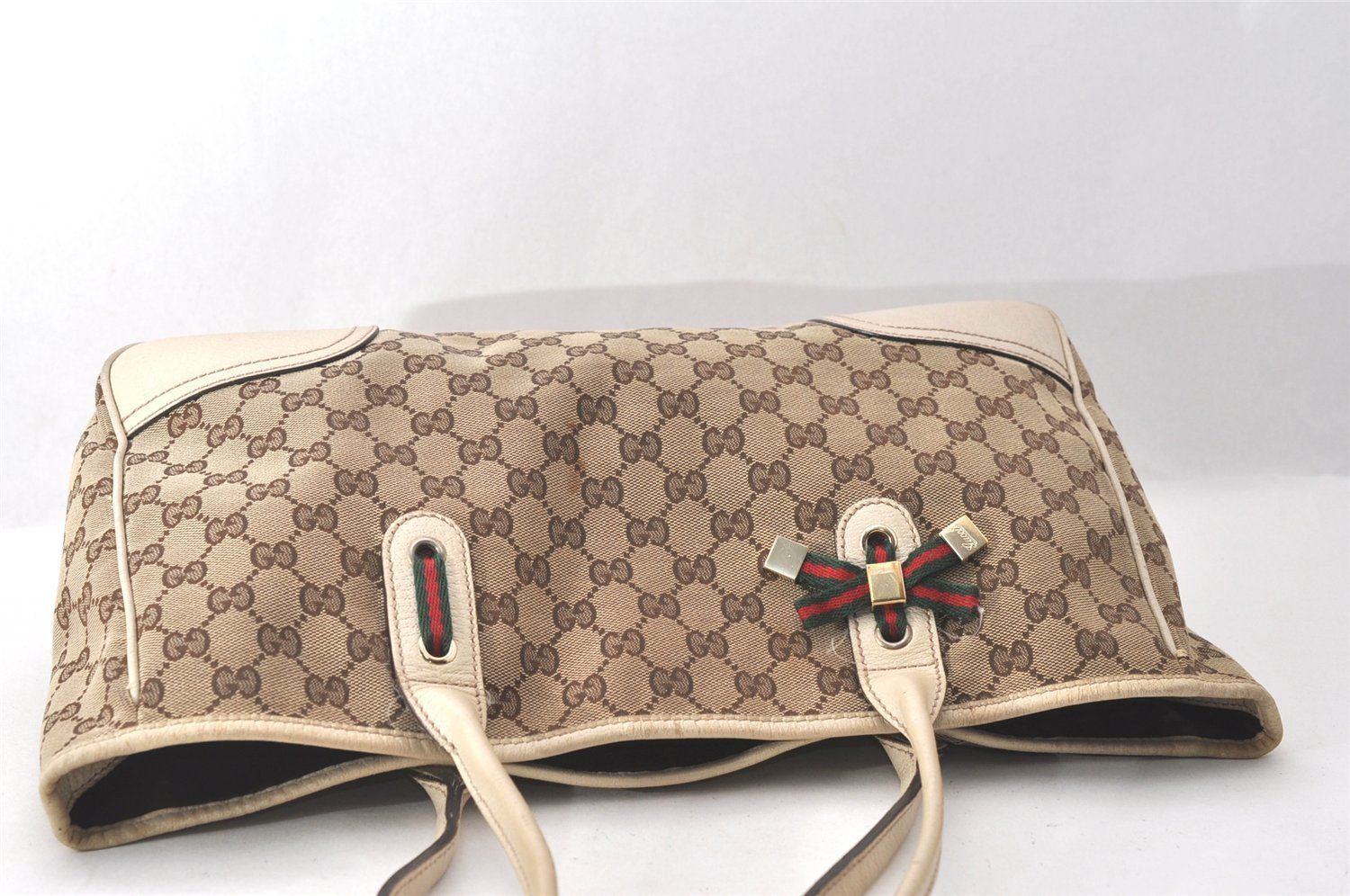 GUCCI グッチシェリーリボン GGモノグラム　トートバッグ 茶色 保存袋あり GUCCI - GUCCI グッチシェリーリボン GGモノグラム トートバッグ