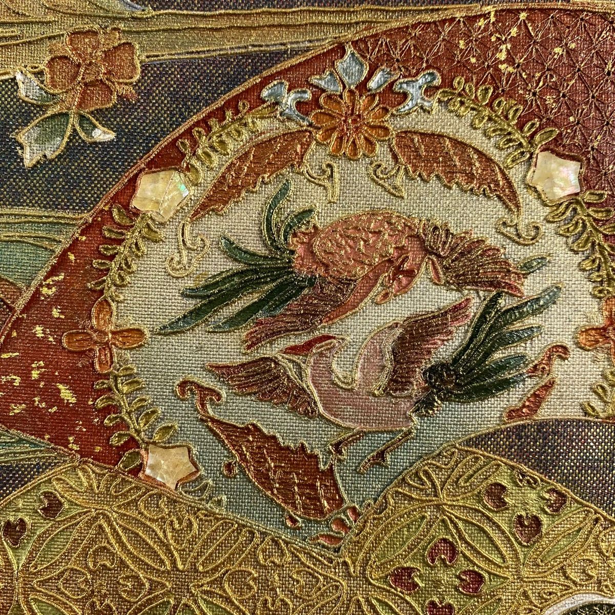 袋帯 秀品 関西仕立て 扇面 花鳥 金彩 箔 青紫 お太鼓柄 正絹